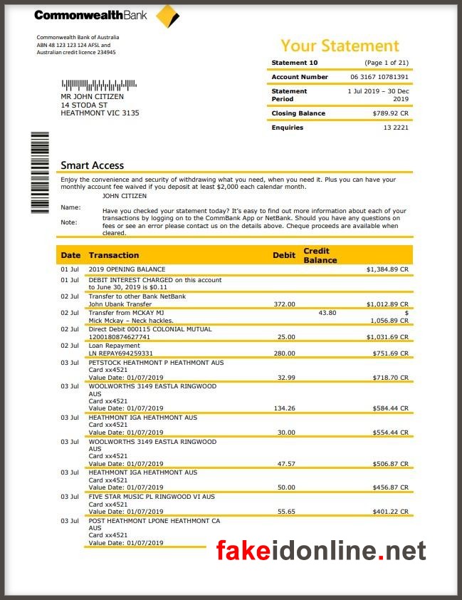 Commonwealth Bank Statement PSD Template